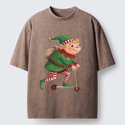 Tokyo-Tiger Christmas Elf Scooter Ride Washed T-Shirt