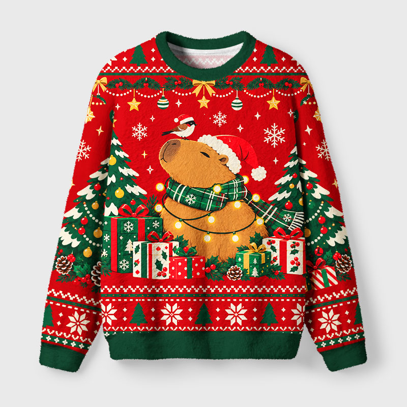 Tokyo-Tiger A Capybara Amidst A Pile Of Gifts Fuzzy Christmas Ugly Sweatshirt
