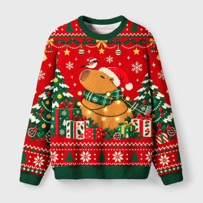 Tokyo-Tiger A Capybara Amidst A Pile Of Gifts Fuzzy Christmas Ugly Sweatshirt