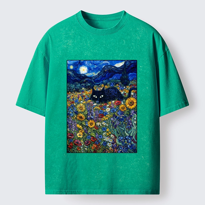 Tokyo‑Tiger Starry Night Cat Washed T‑Shirt