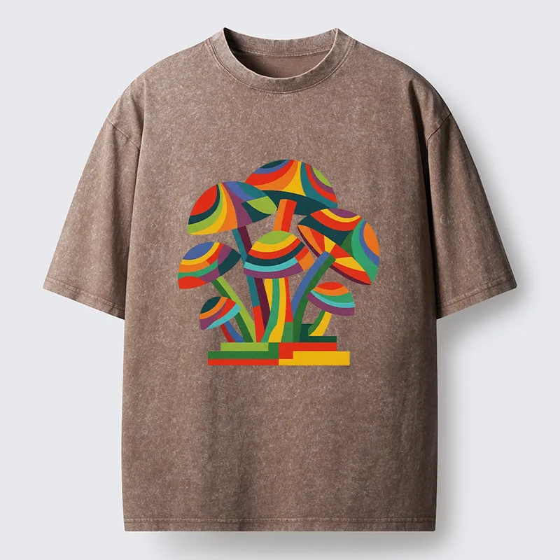 Tokyo-Tiger Retro Rainbow Mushroom Art Washed T-Shirt