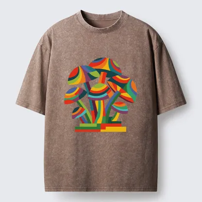 Tokyo-Tiger Retro Rainbow Mushroom Art Washed T-Shirt