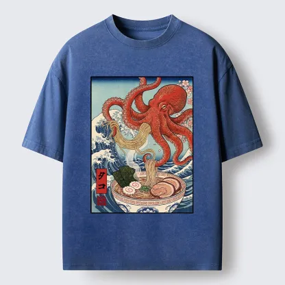 Tokyo-Tiger Octopus Eating Ramen Ukiyo Art Washed T-Shirt