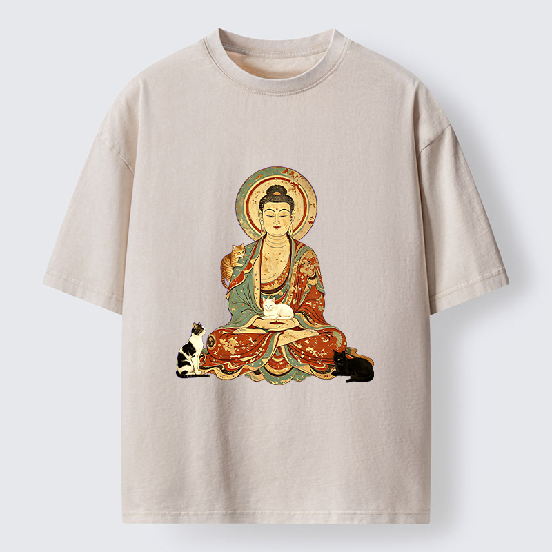 Tokyo‑Tiger Buddha And Cats Art Washed T‑Shirt Sale