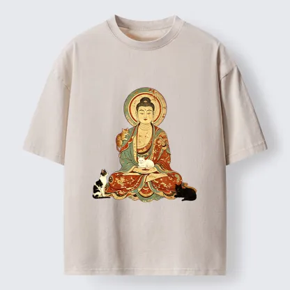 Tokyo-Tiger Buddha And Cats Art Washed T-Shirt