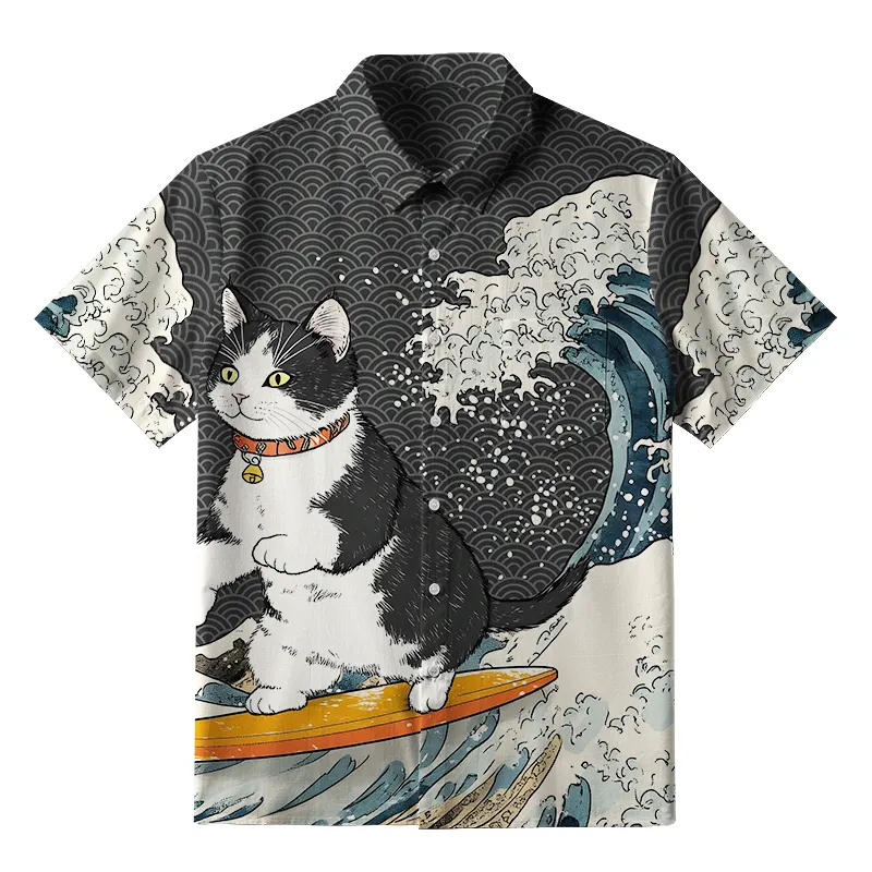 Tokyo-Tiger Surfing Cat Button-up Shirt