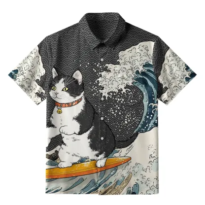 Tokyo-Tiger Surfing Cat Button-up Shirt