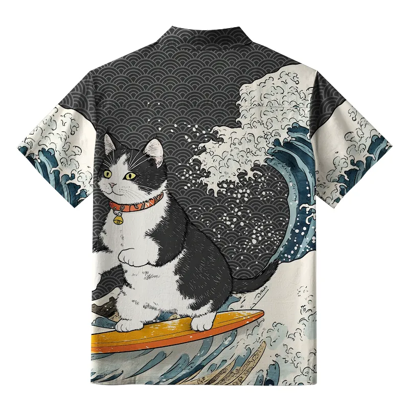 Tokyo-Tiger Surfing Cat Button-up Shirt