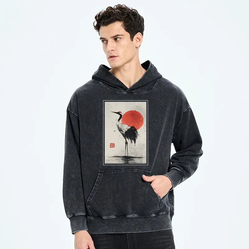 Tokyo-Tiger Retro Japanese Red-crowned Crane Washed Hoodie