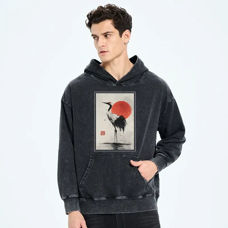 Tokyo-Tiger Retro Japanese Red-crowned Crane Washed Hoodie