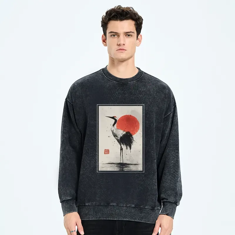 Tokyo-Tiger Retro Japanese Red-crowned Crane Washed Sweatshirt