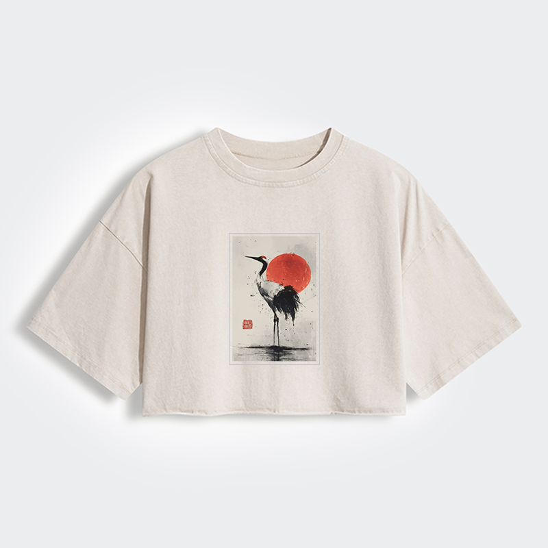 Tokyo-Tiger Retro Japanese Red-crowned Crane Women's Washed Crop T-Shirt