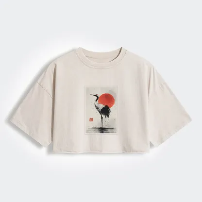 Tokyo-Tiger Retro Japanese Red-crowned Crane Women's Washed Crop T-Shirt