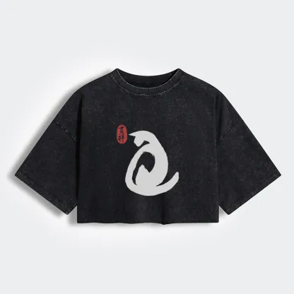 Tokyo-Tiger Vintage Ink Cat Women's Washed Crop T-Shirt