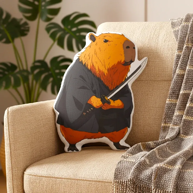 Tokyo-Tiger Focused Samurai Capybara Shaped Throw Pillow