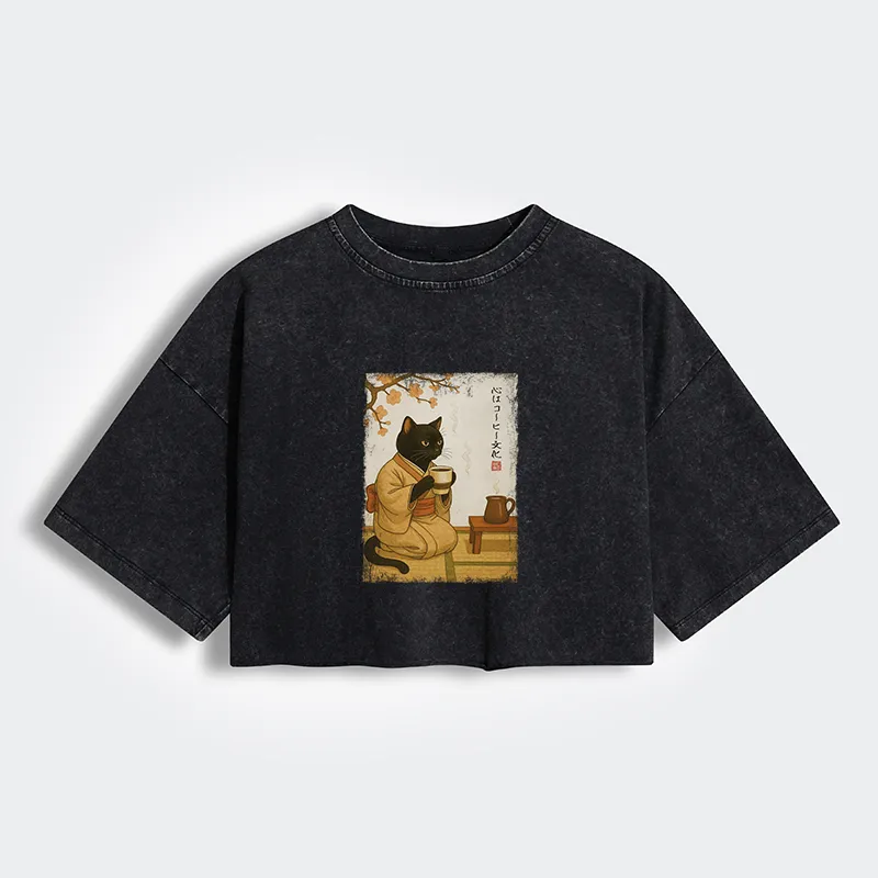 Tokyo-Tiger Tea Time With A Black Cat Women's Washed Crop T-Shirt