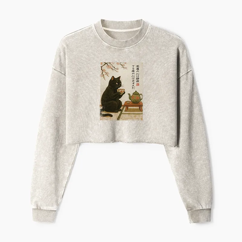 Tokyo-Tiger Tea Time With A Black Cat Washed Crop Sweatshirt