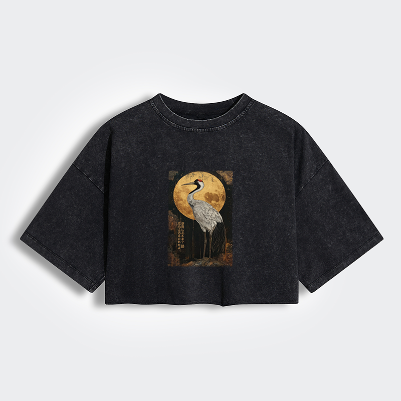 Tokyo-Tiger Vintage Japanese Crane Kanji Women's Washed Crop T-Shirt