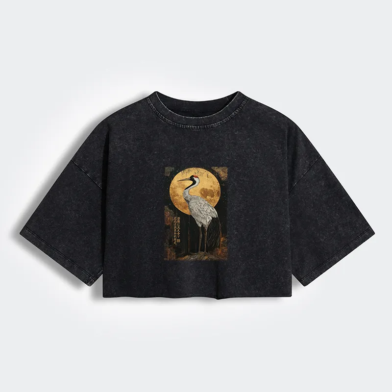 Tokyo-Tiger Vintage Japanese Crane Kanji Women's Washed Crop T-Shirt