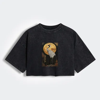 Tokyo-Tiger Vintage Japanese Crane Kanji Women's Washed Crop T-Shirt