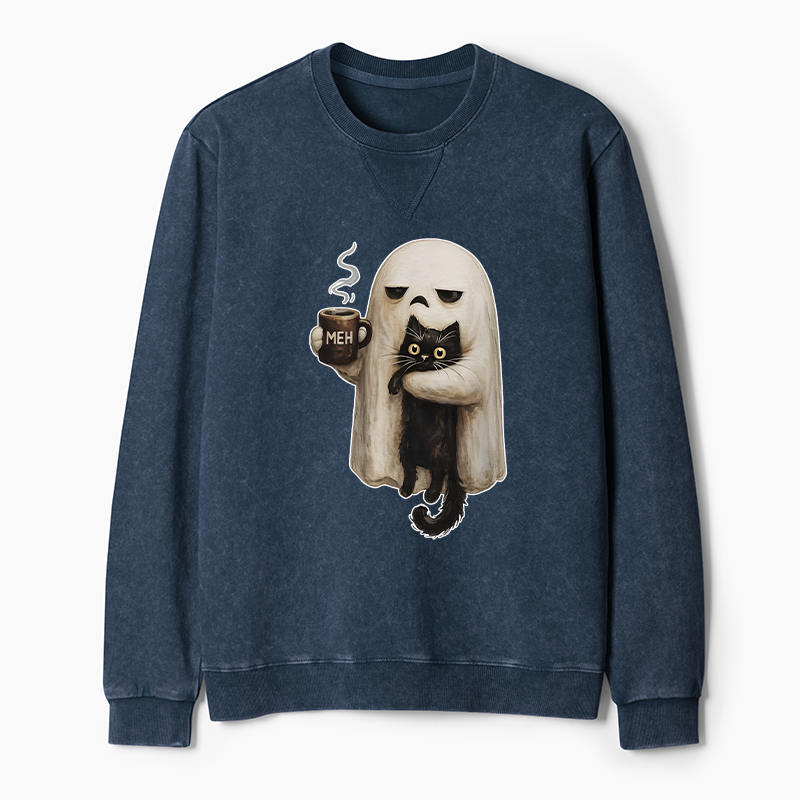 Tokyo-Tiger Ghost Cat Coffee Mood Washed Terry Sweatshirt