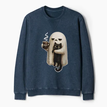 Tokyo-Tiger Ghost Cat Coffee Mood Washed Terry Sweatshirt