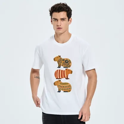 Tokyo-Tiger Folk Floral Striped Capybara Trio Print Classic T-Shirt