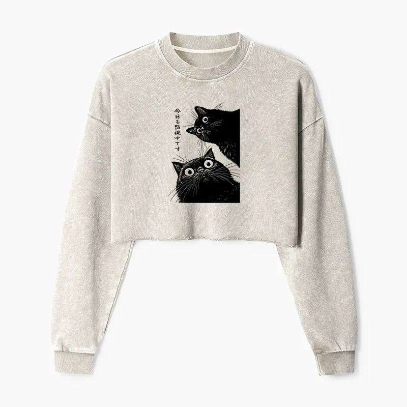 Tokyo-Tiger The Cat Is Watching Today Washed Crop Sweatshirt