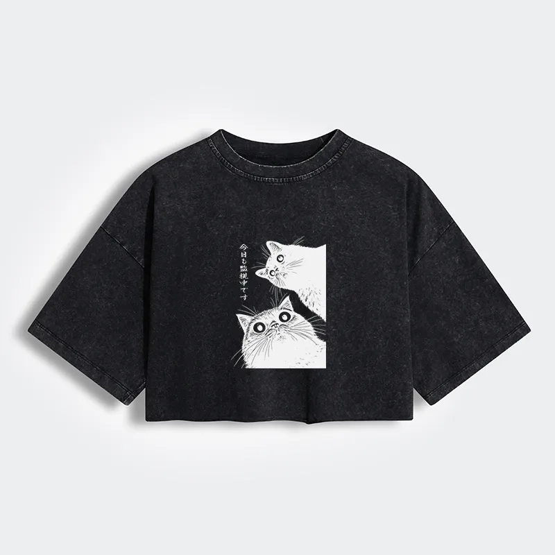 Tokyo-Tiger The Cat Is Watching Today Women's Washed Crop T-Shirt