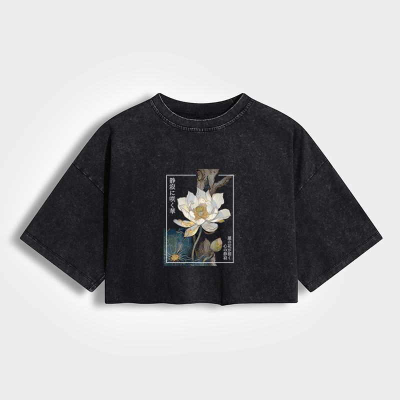 Tokyo-Tiger Blooming Lotus Japan Women's Washed Crop T-Shirt