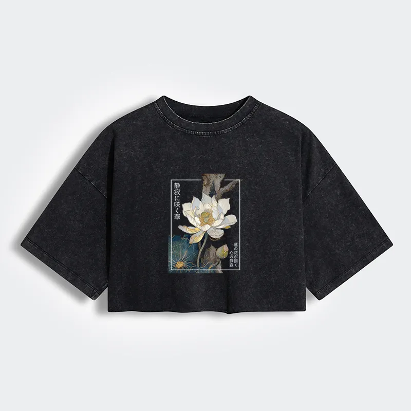Tokyo-Tiger Blooming Lotus Japan Women's Washed Crop T-Shirt
