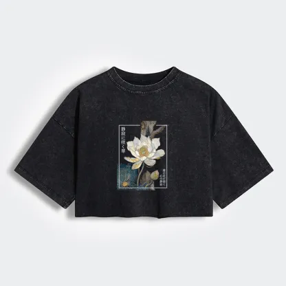 Tokyo-Tiger Blooming Lotus Japan Women's Washed Crop T-Shirt