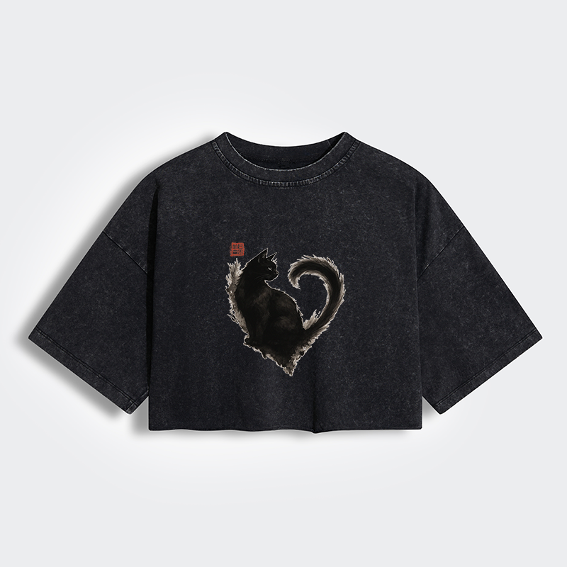 Tokyo-Tiger Funny Heart-Shaped Ink Cat Women's Washed Crop T-Shirt