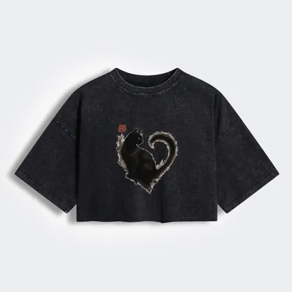 Tokyo-Tiger Funny Heart-Shaped Ink Cat Women's Washed Crop T-Shirt
