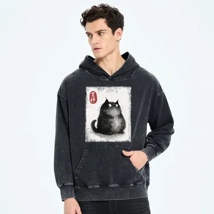 Tokyo-Tiger Auspicious Fluffy Black Cat Ink Painting Washed Hoodie