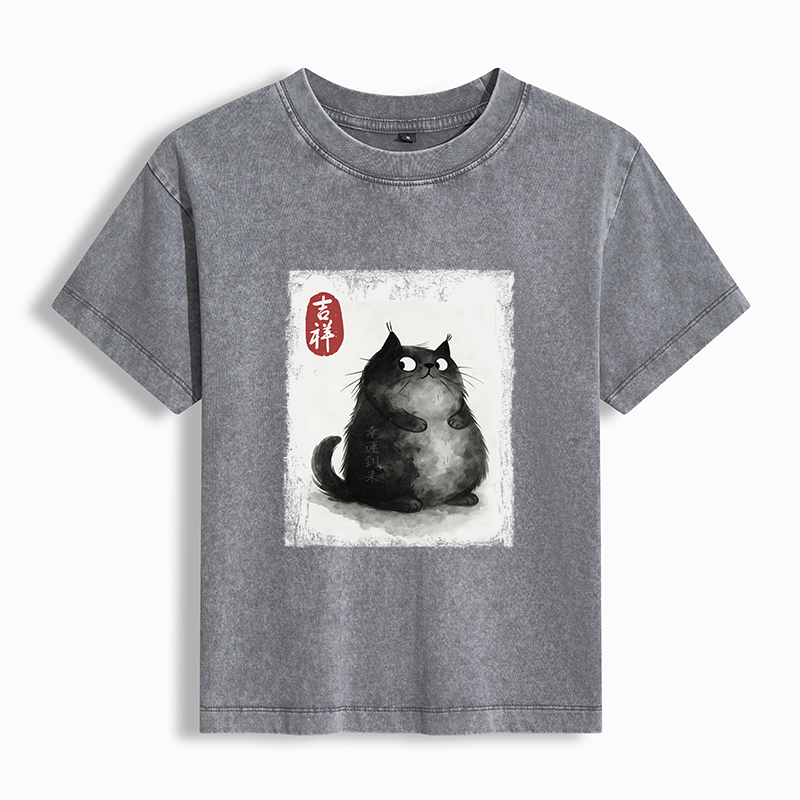 Tokyo-Tiger Auspicious Fluffy Black Cat Ink Painting Women's Washed T-shirt