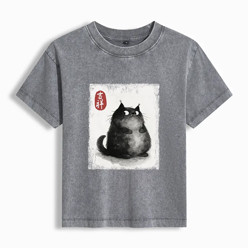 Tokyo-Tiger Auspicious Fluffy Black Cat Ink Painting Women's Washed T-shirt