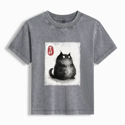 Tokyo-Tiger Auspicious Fluffy Black Cat Ink Painting Women's Washed T-shirt