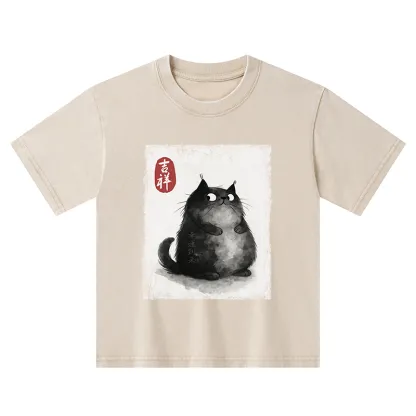 Tokyo-Tiger Auspicious Fluffy Black Cat Ink Painting Kids Washed T-Shirt