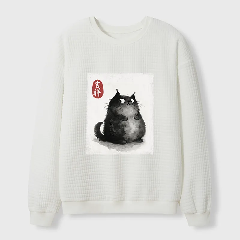 Tokyo-Tiger Auspicious Fluffy Black Cat Ink Painting Waffle Sweatshirt