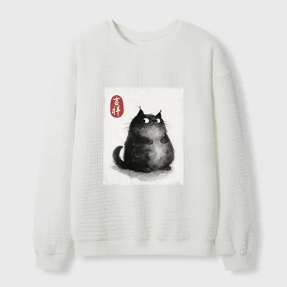 Tokyo-Tiger Auspicious Fluffy Black Cat Ink Painting Waffle Sweatshirt