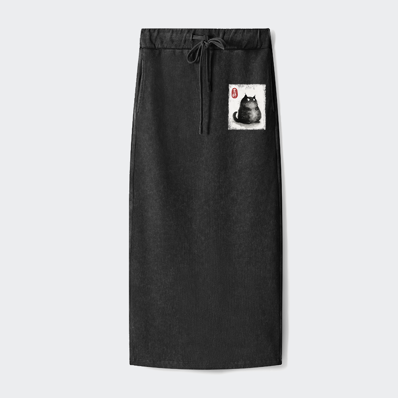 Tokyo-Tiger Auspicious Fluffy Black Cat Ink Painting Washed Terry Skirt