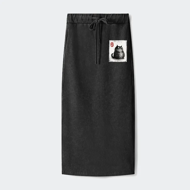 Tokyo-Tiger Auspicious Fluffy Black Cat Ink Painting Washed Terry Skirt