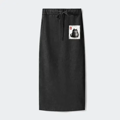 Tokyo-Tiger Auspicious Fluffy Black Cat Ink Painting Washed Terry Skirt