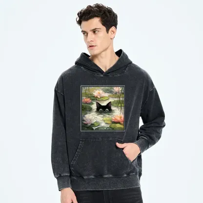 Tokyo-Tiger Black Cat and Lotus Flower Washed Hoodie