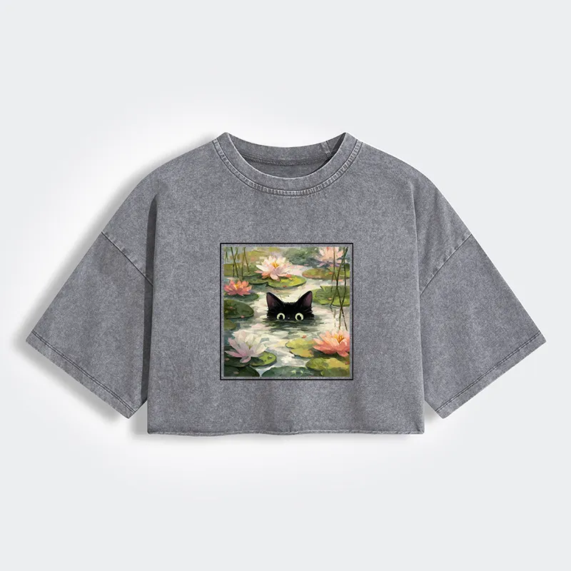 Tokyo-Tiger Black Cat and Lotus Flower Women's Washed Crop T-Shirt