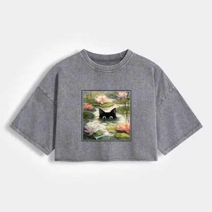 Tokyo-Tiger Black Cat and Lotus Flower Women's Washed Crop T-Shirt