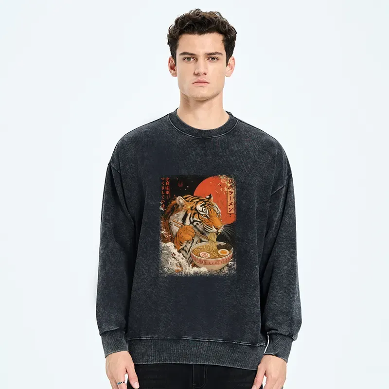 Tokyo-Tiger Ukiyoe Japan Tiger Eating Ramen Washed Sweatshirt