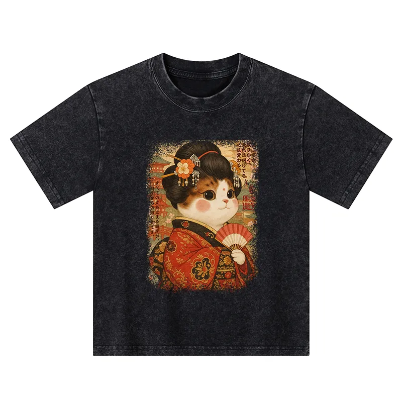 Tokyo-Tiger Ukiyoe Japanese Cat Princess Kids Washed T-Shirt