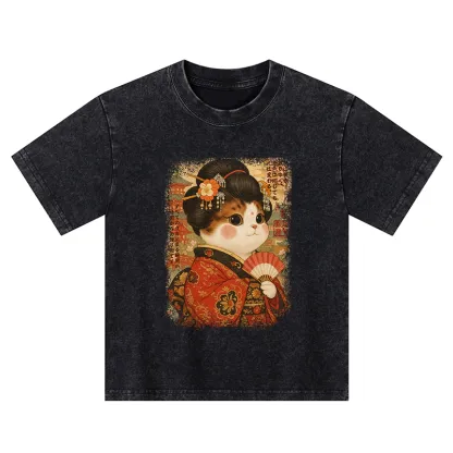 Tokyo-Tiger Ukiyoe Japanese Cat Princess Kids Washed T-Shirt